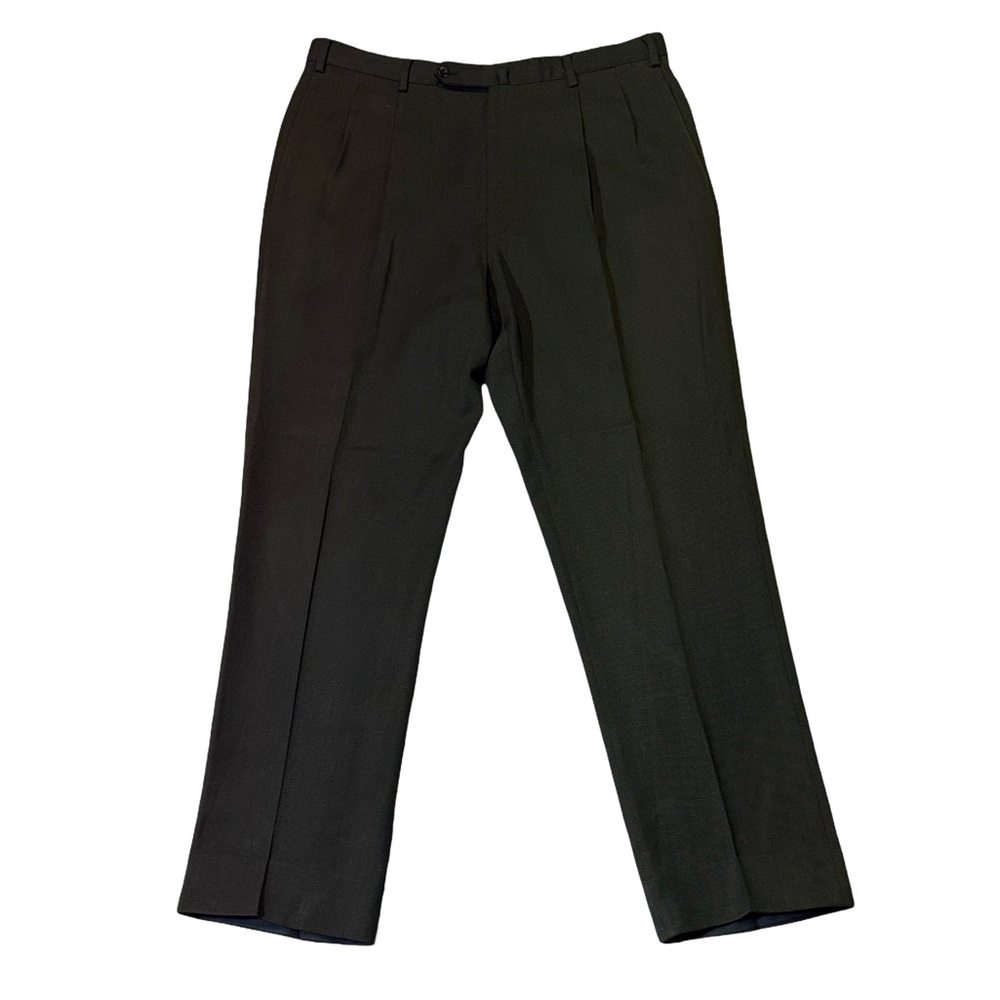 Incotex mens 38x33 green solid pleated 100% wool tailored dress pants EUC